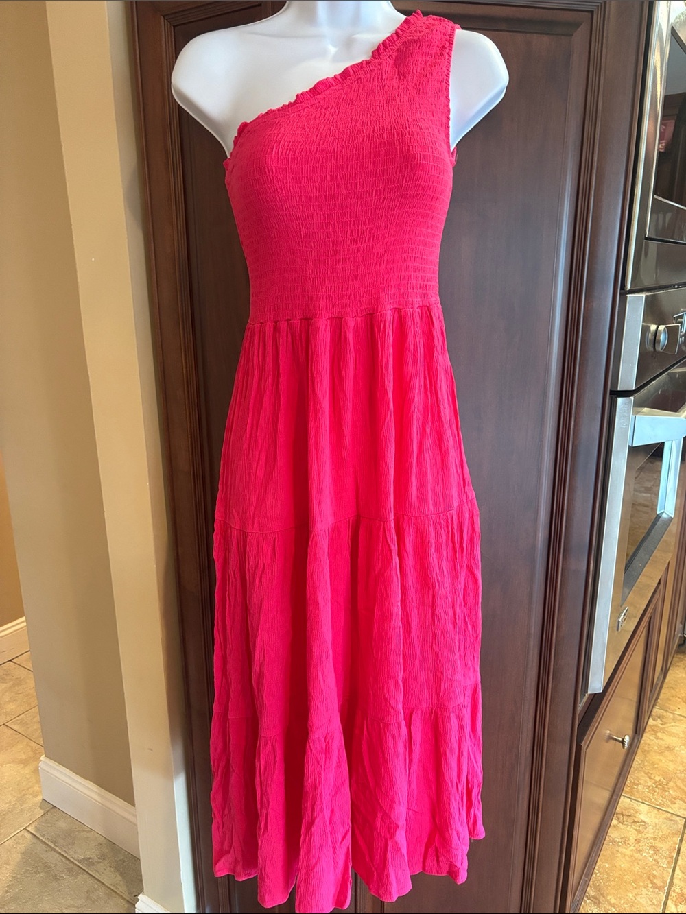 One-Shoulder Hot Pink Tiered Maxi Dress